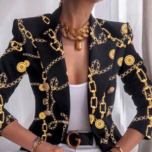 NWT Koandaily Long Sleeve Silky Black with Gold Chains Coins Long Blazer Size XL